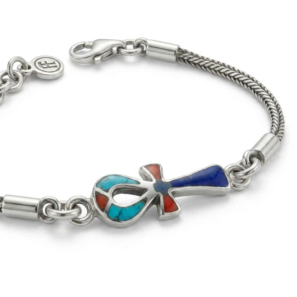 Ankh Bracelet – Egyptian-Inspired Design Adorned with Multi-Colored Gemstones