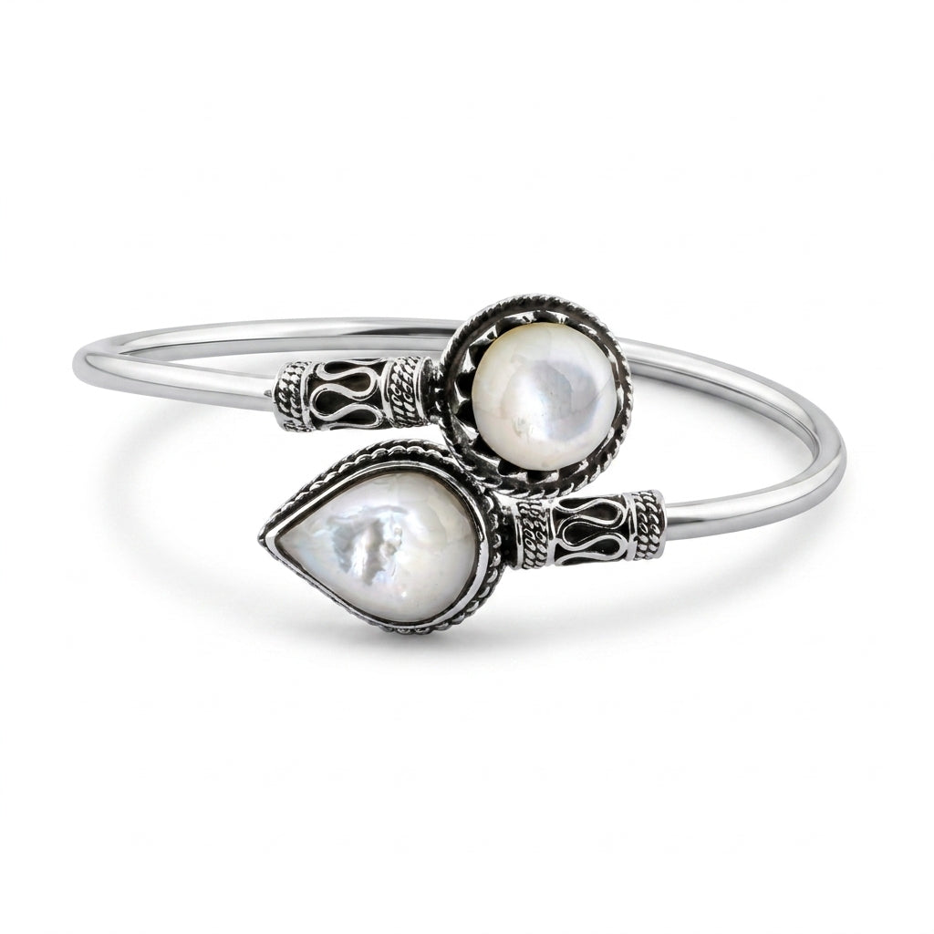 925 Silver Open Bangle With Mother Of Pearl Stone