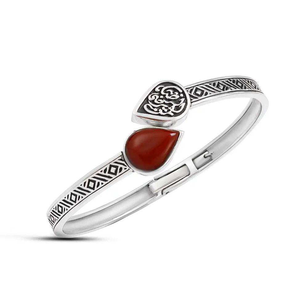 925 Egyptian Sterling Silver Bangle – Almond-Shaped Agate Stone with “Contentment Is for the Content” Engraving