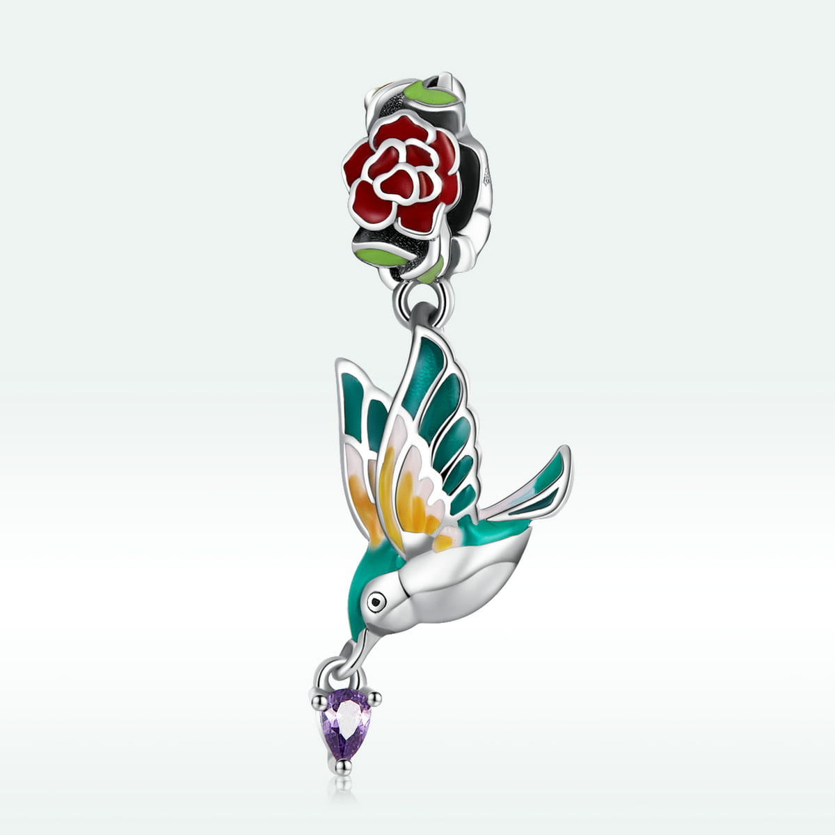 دلاية طائر ملون مع وردة وحجر بنفسجي فضة عيار 925