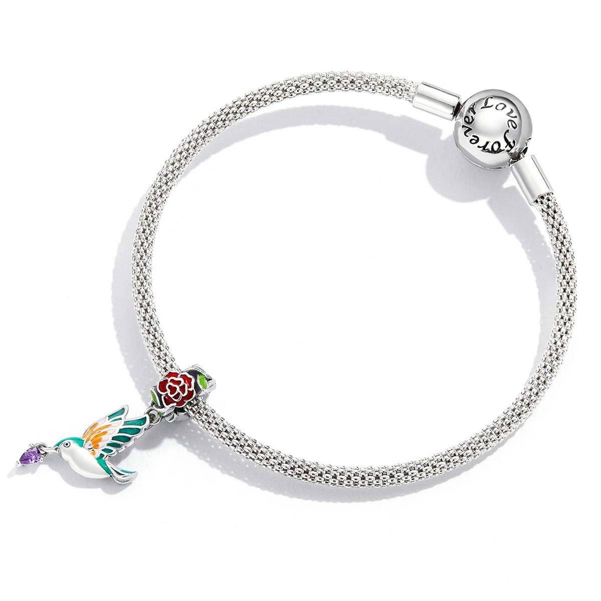 دلاية طائر ملون مع وردة وحجر بنفسجي فضة عيار 925