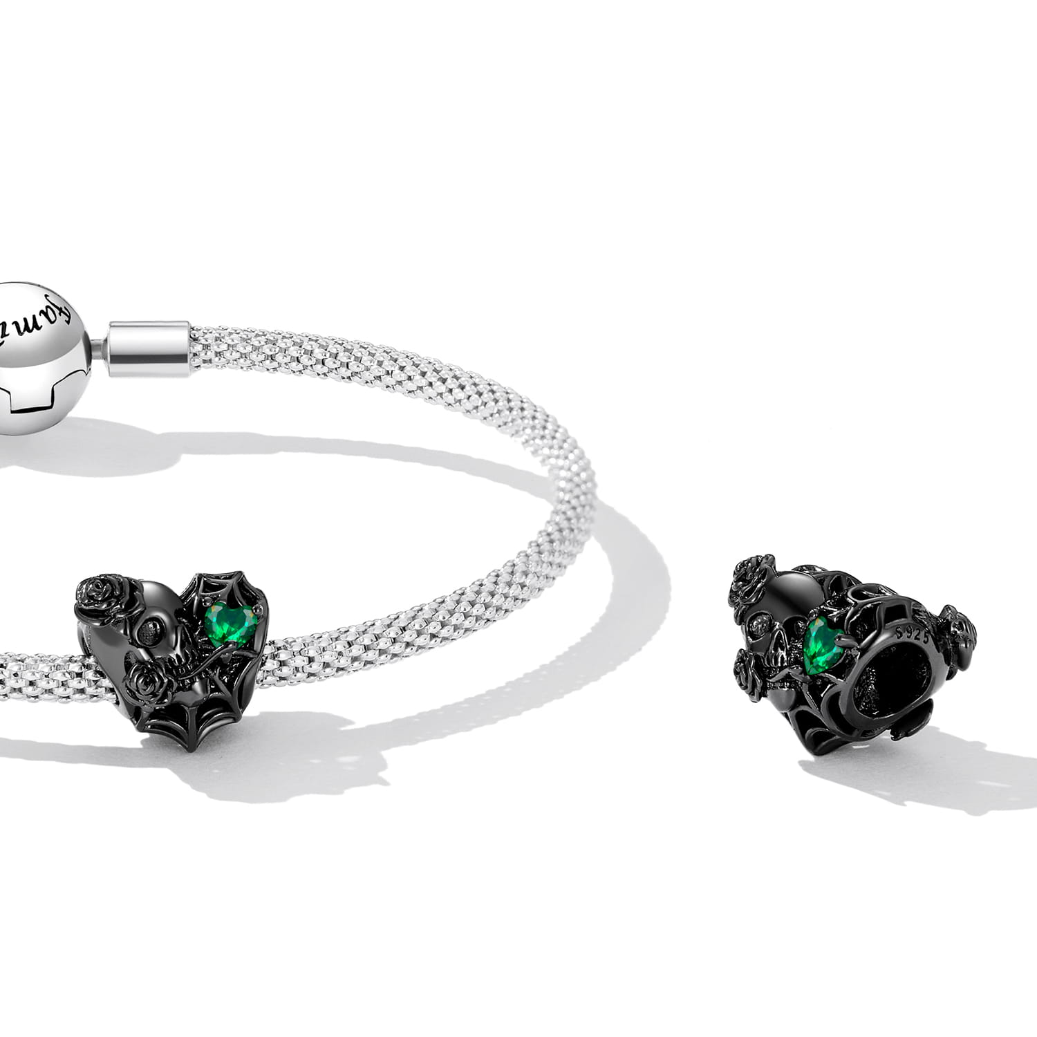 925 Silver Skull Charm with Green Heart Stone