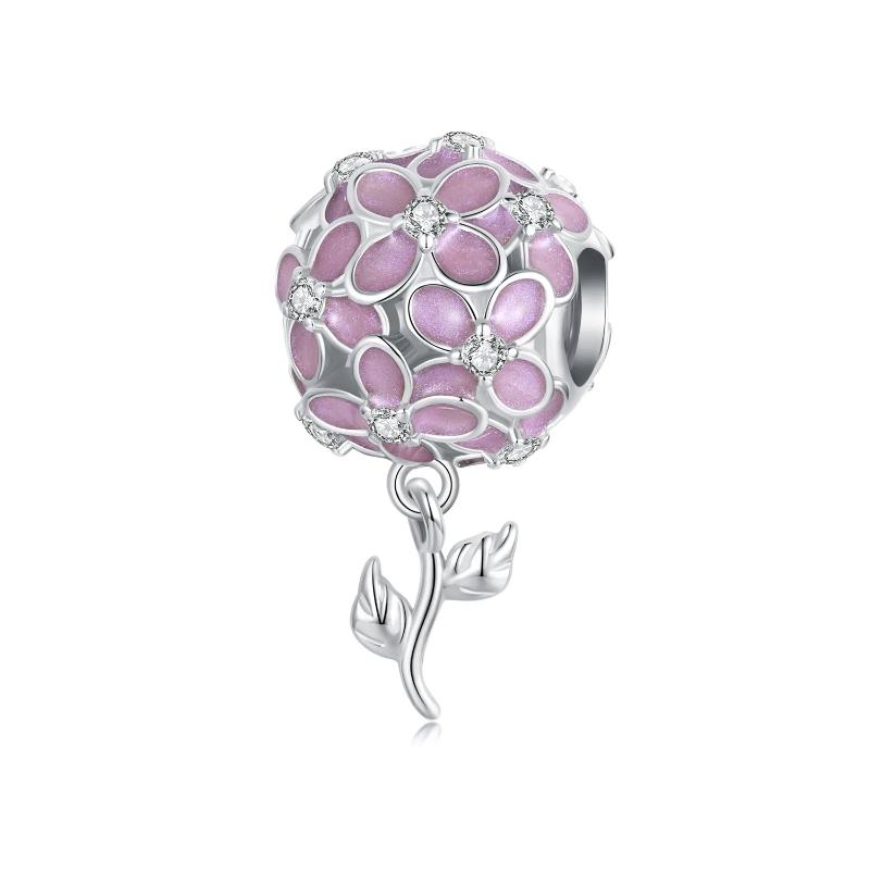 Pink Flower Ball Charm - 925 sterling silver