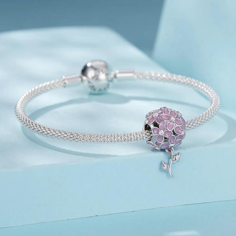 Pink Flower Ball Charm - 925 sterling silver