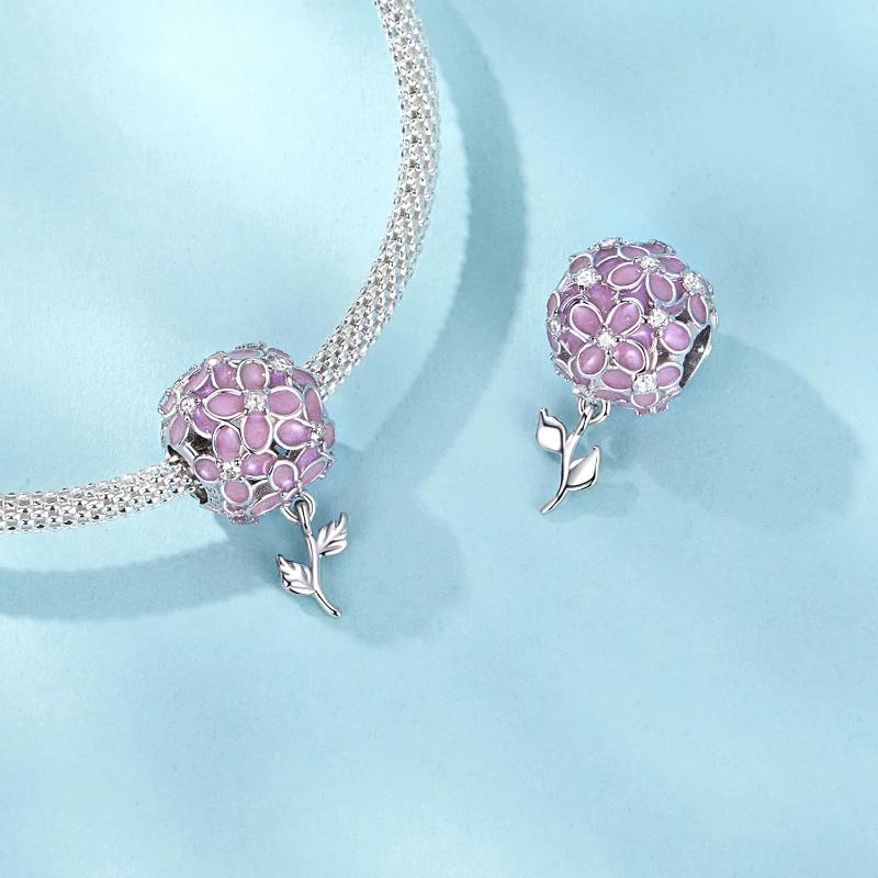 Pink Flower Ball Charm - 925 sterling silver