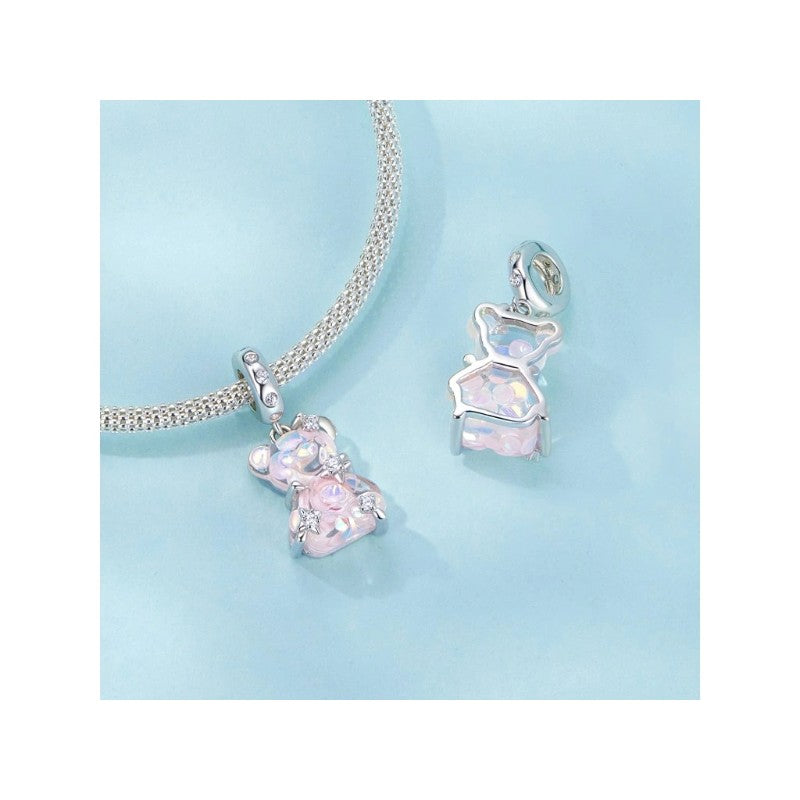 دلاية فضة عيار 925 بشكل دب كريستالي وردي