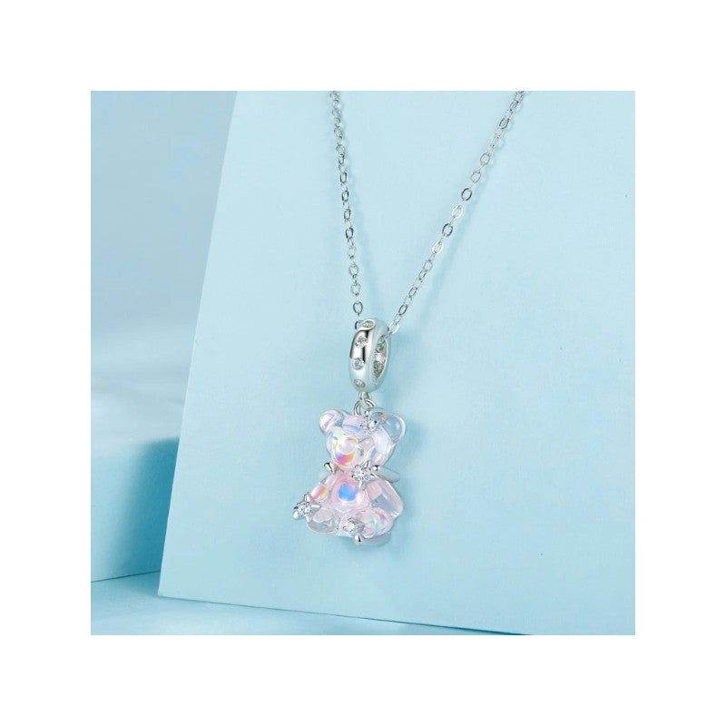 دلاية فضة عيار 925 بشكل دب كريستالي وردي