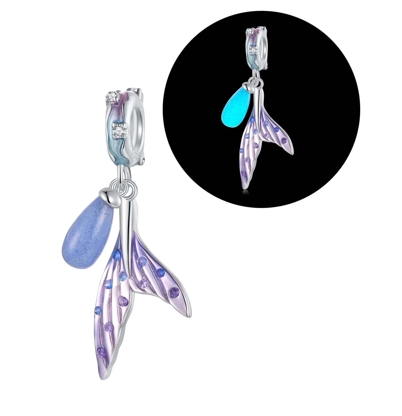 دلاية ذيل عروس البحر بألوان بنفسجي وأزرق مضيئة فضة عيار 925