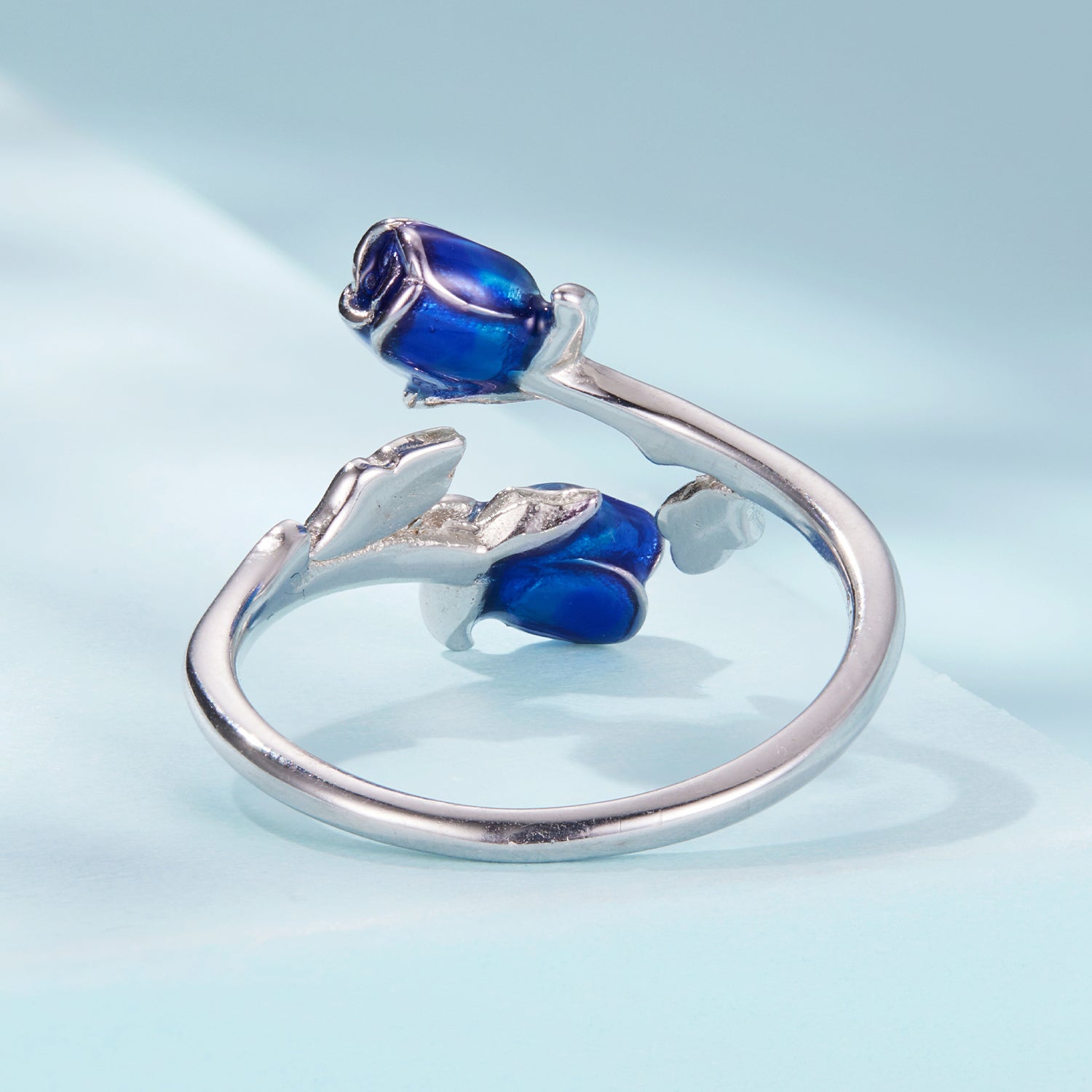 خاتم فضة 925 وردتين زرقاء بتصميم أنيق