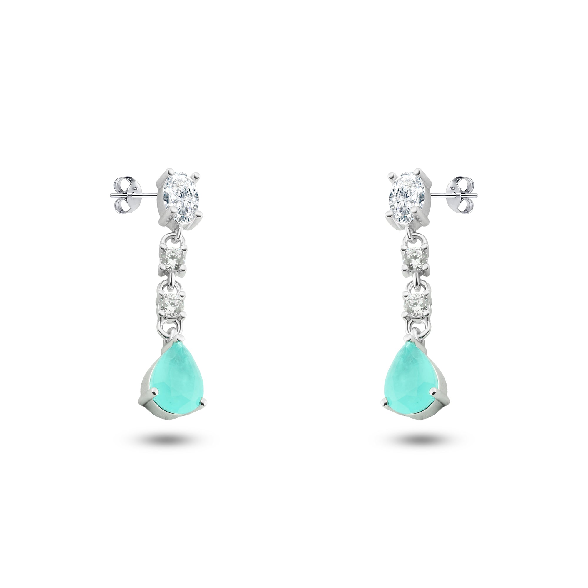 حلق "فصوص لامعة متدرجة مع حجر تركواز متدلي" فضة عيار 925