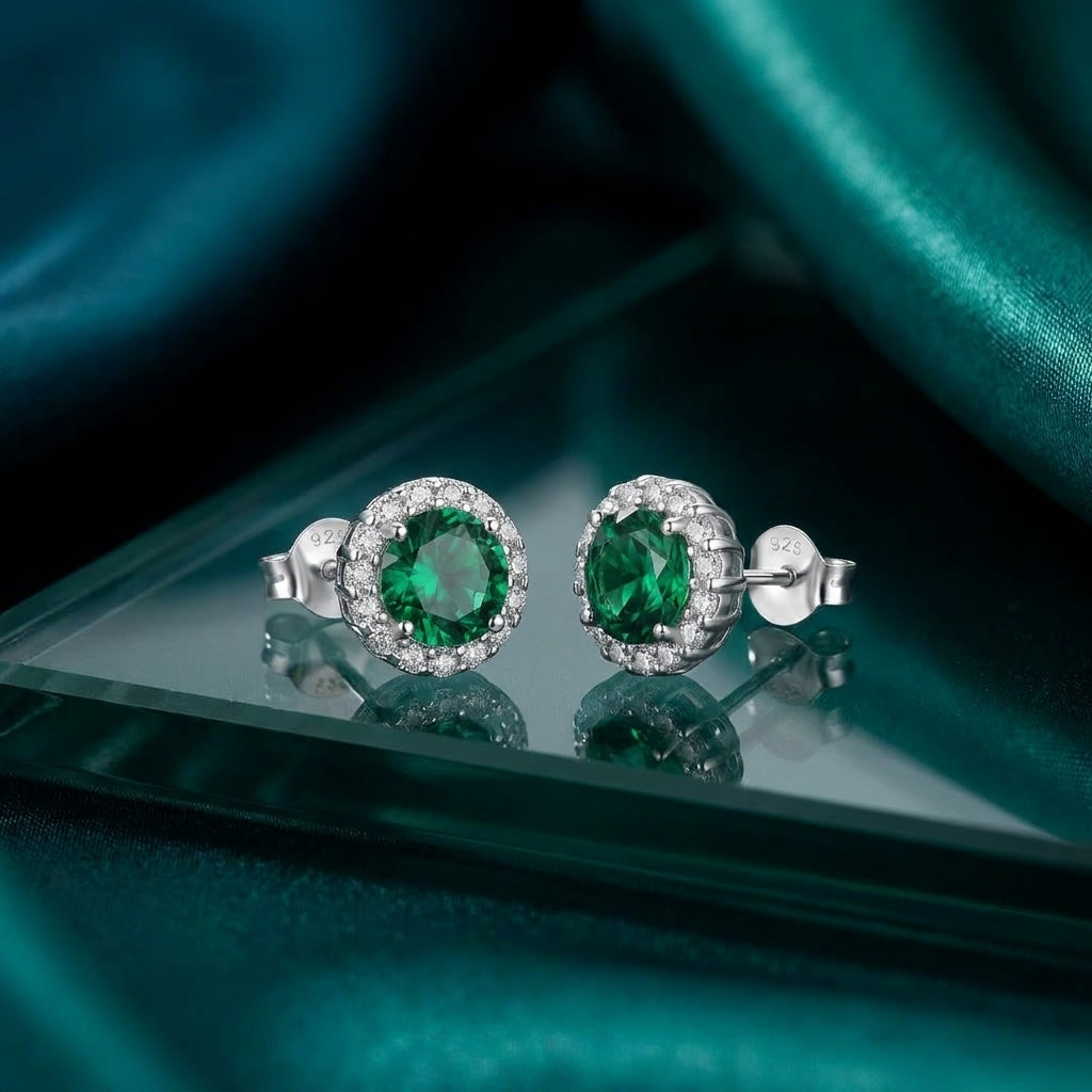 925 Silver Earrings with Round Green Stone