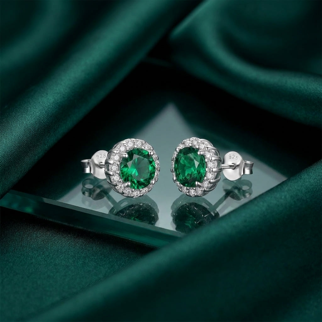 925 Silver Earrings with Round Green Stone