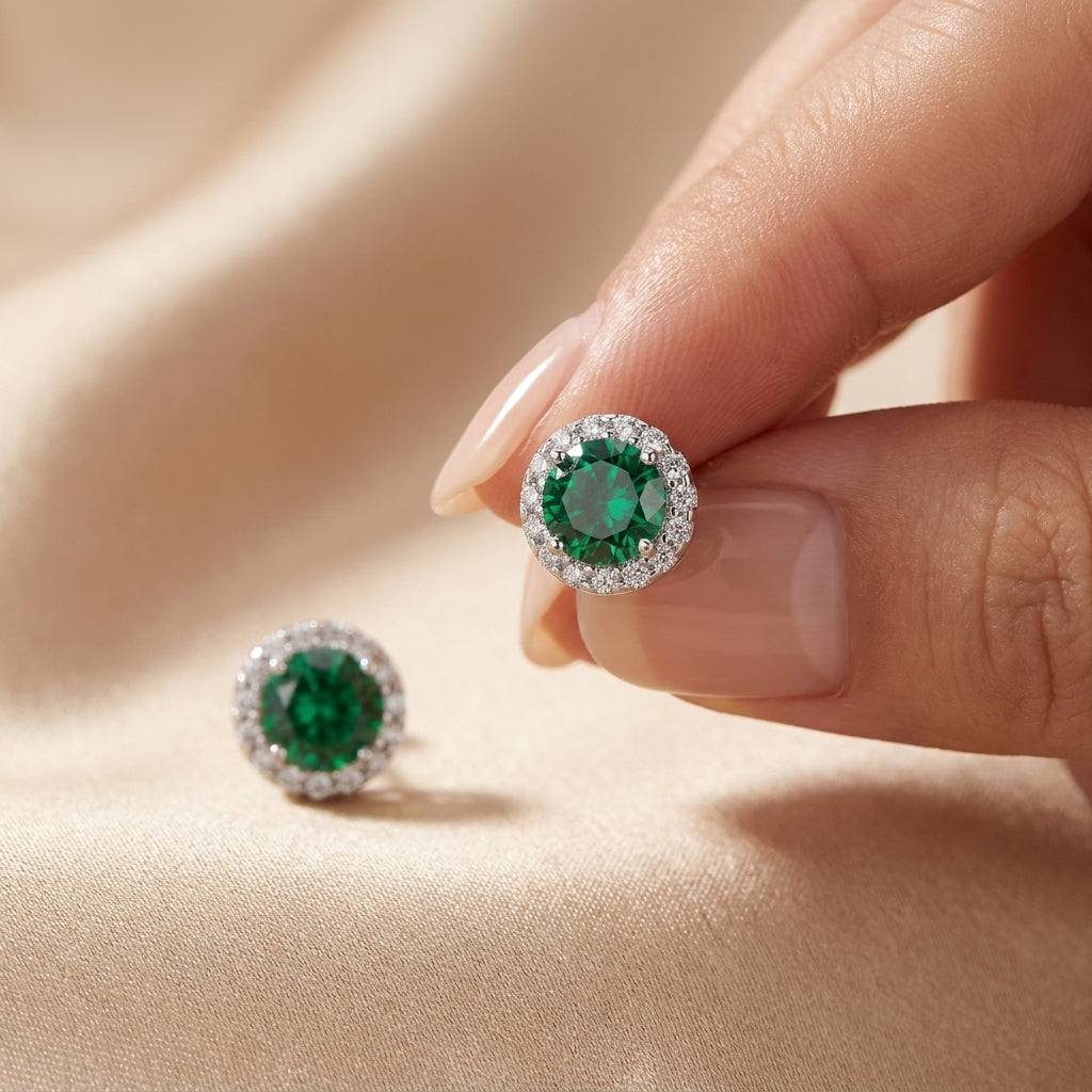 925 Silver Earrings with Round Green Stone