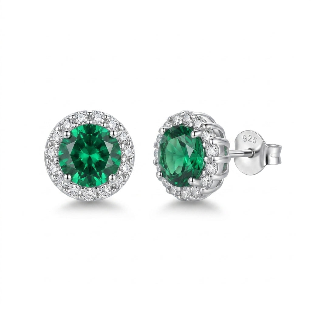 925 Silver Earrings with Round Green Stone