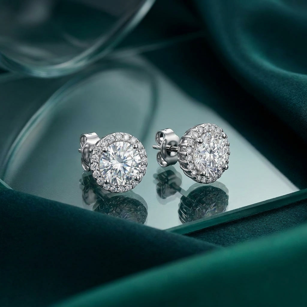 925 Silver Earrings with a Sparkling Center Stone Surrounded by Brilliant Accents