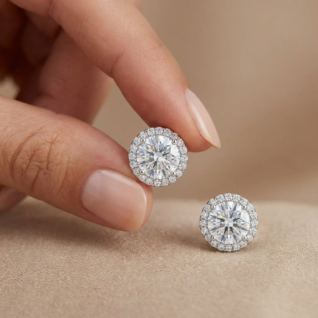 925 Silver Earrings with a Sparkling Center Stone Surrounded by Brilliant Accents