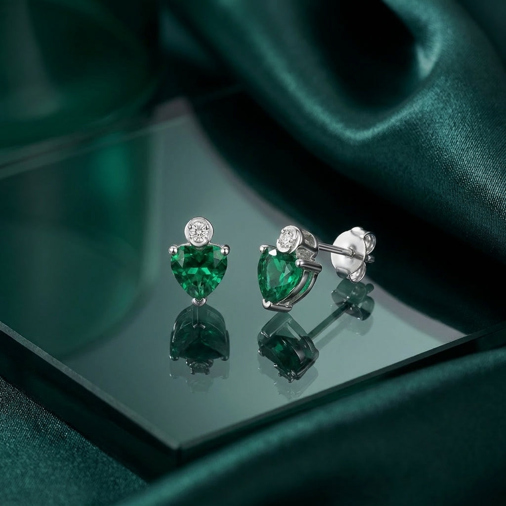 925 Silver Earrings with Heart-Shaped Green Stone