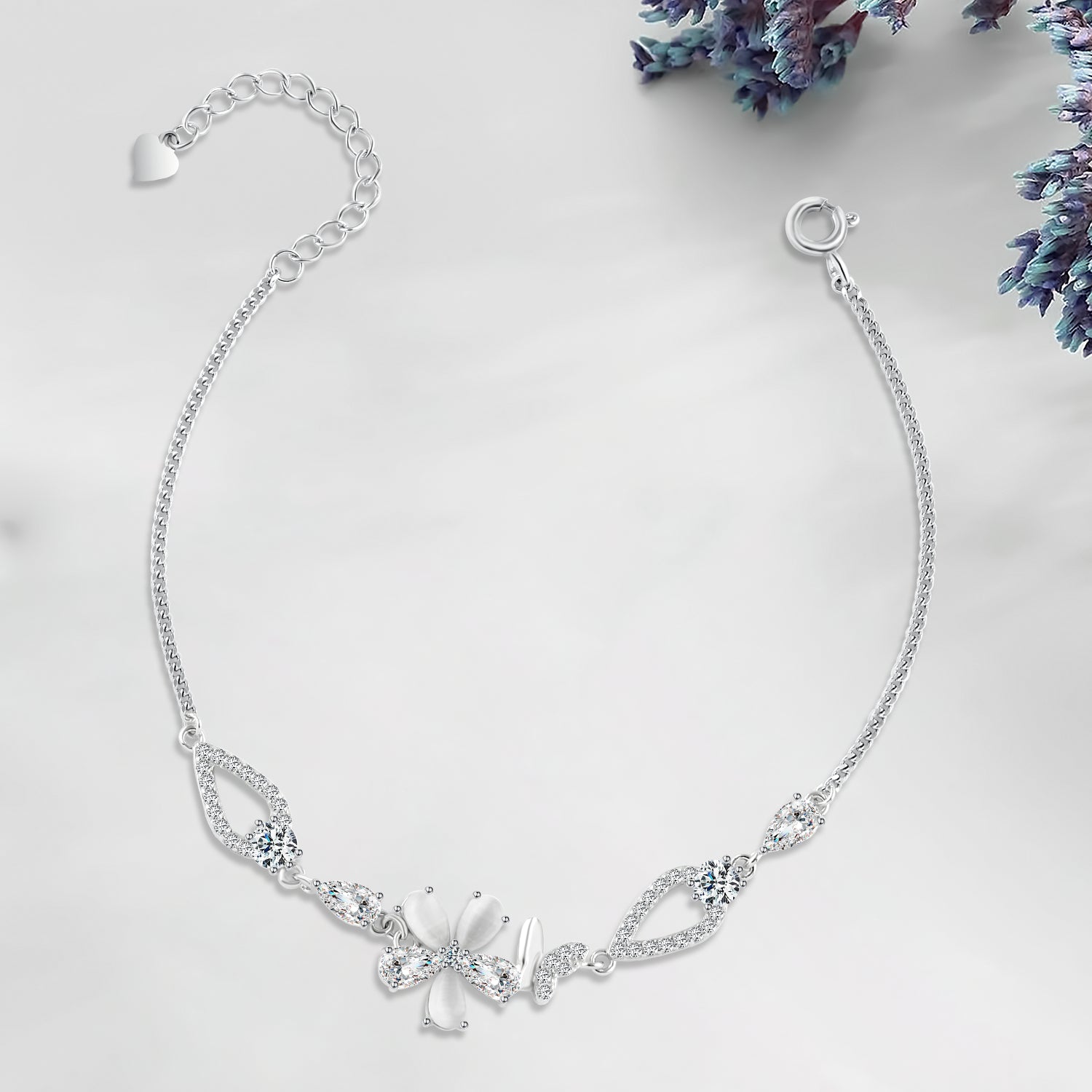 Shiny Zircon golden Bracelet With a flower and butterfly design 925 Sterling Silver