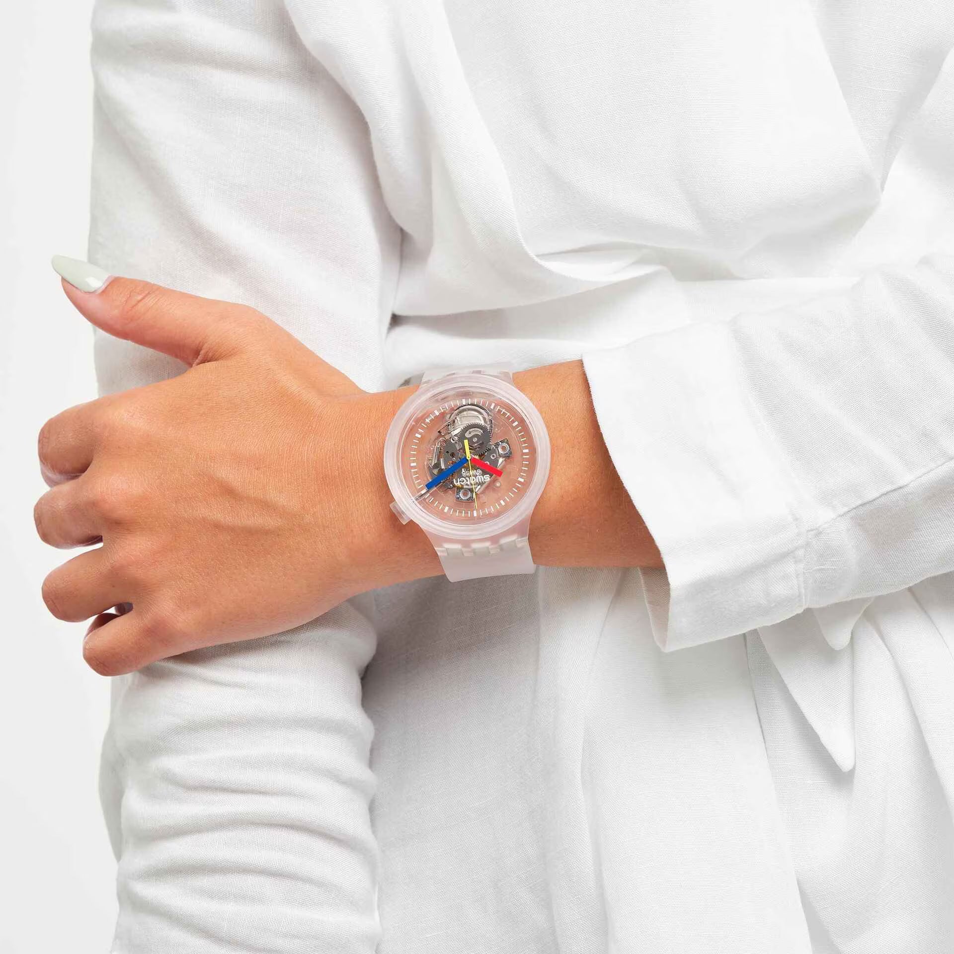 Swatch Watch Unisex, Quartz Movement, Analog Display, Clear Rubber Strap - SO27E100
