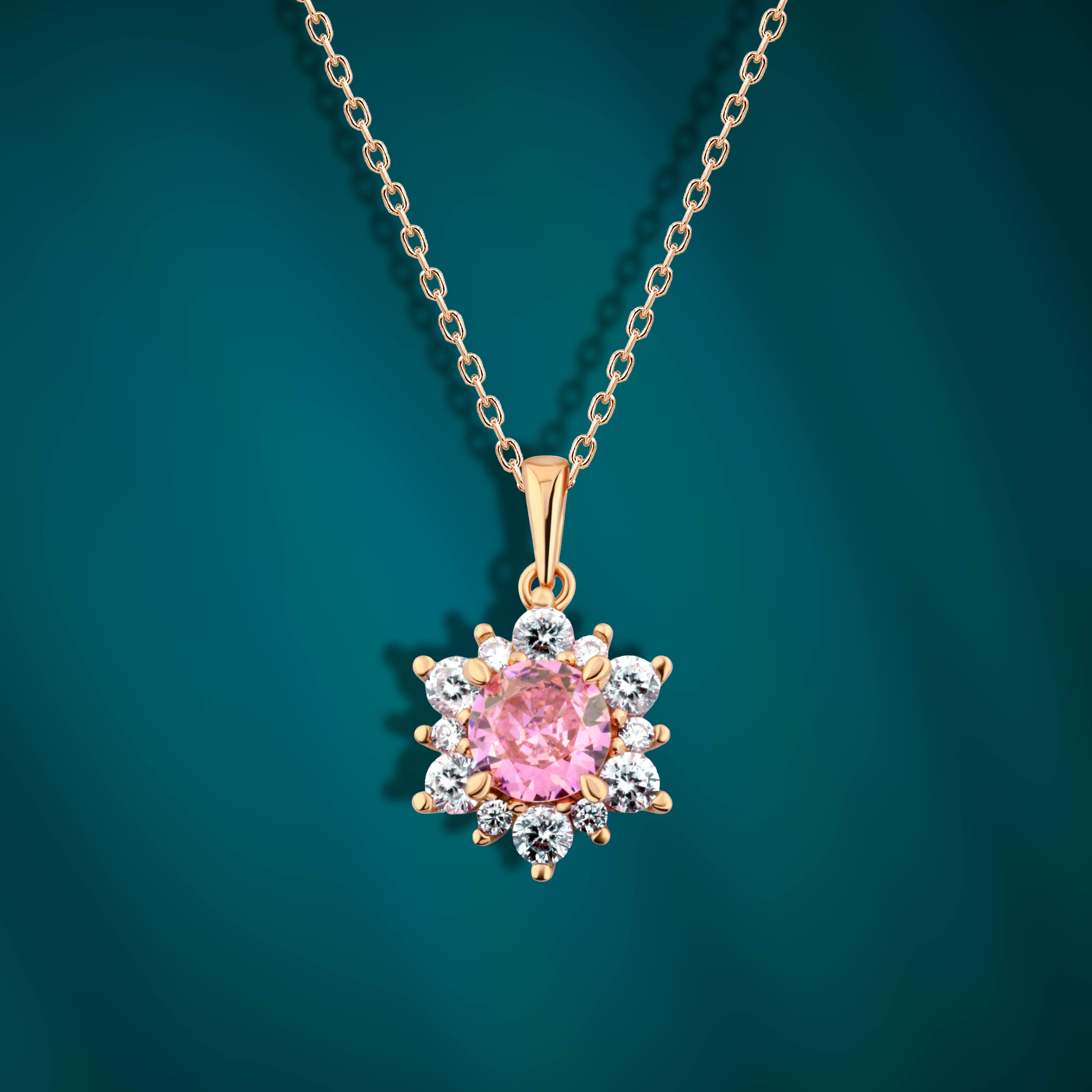 عقد فضة عيار 925 بفص وردي محاط بزركون لامع