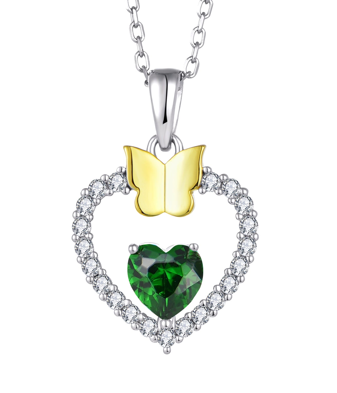 925 silver necklace featuring a green heart and an 18K gold-plated butterfly