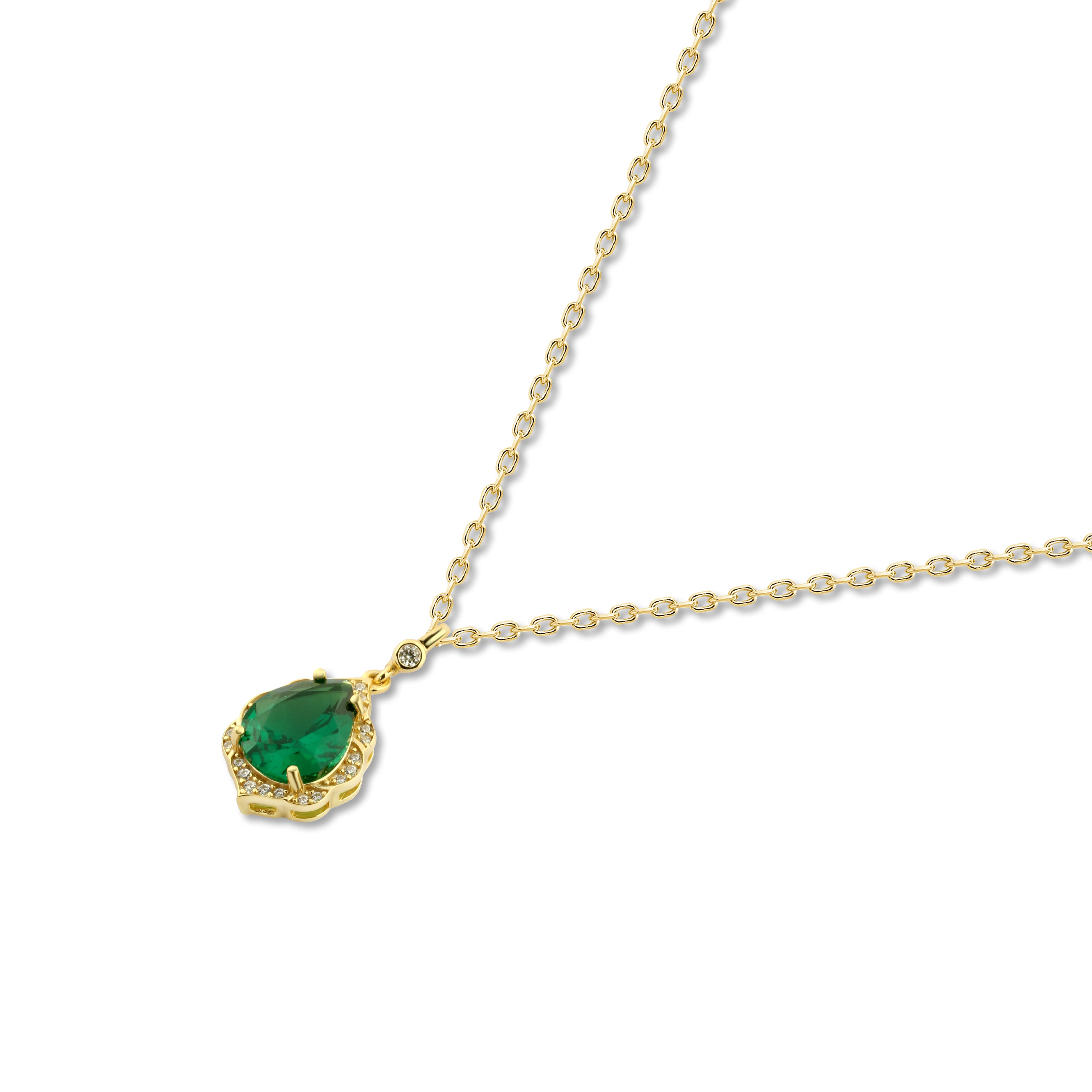 925 Silver Teardrop Necklace with a Green Stone Surrounded by Sparkling Stones – Gold Plated