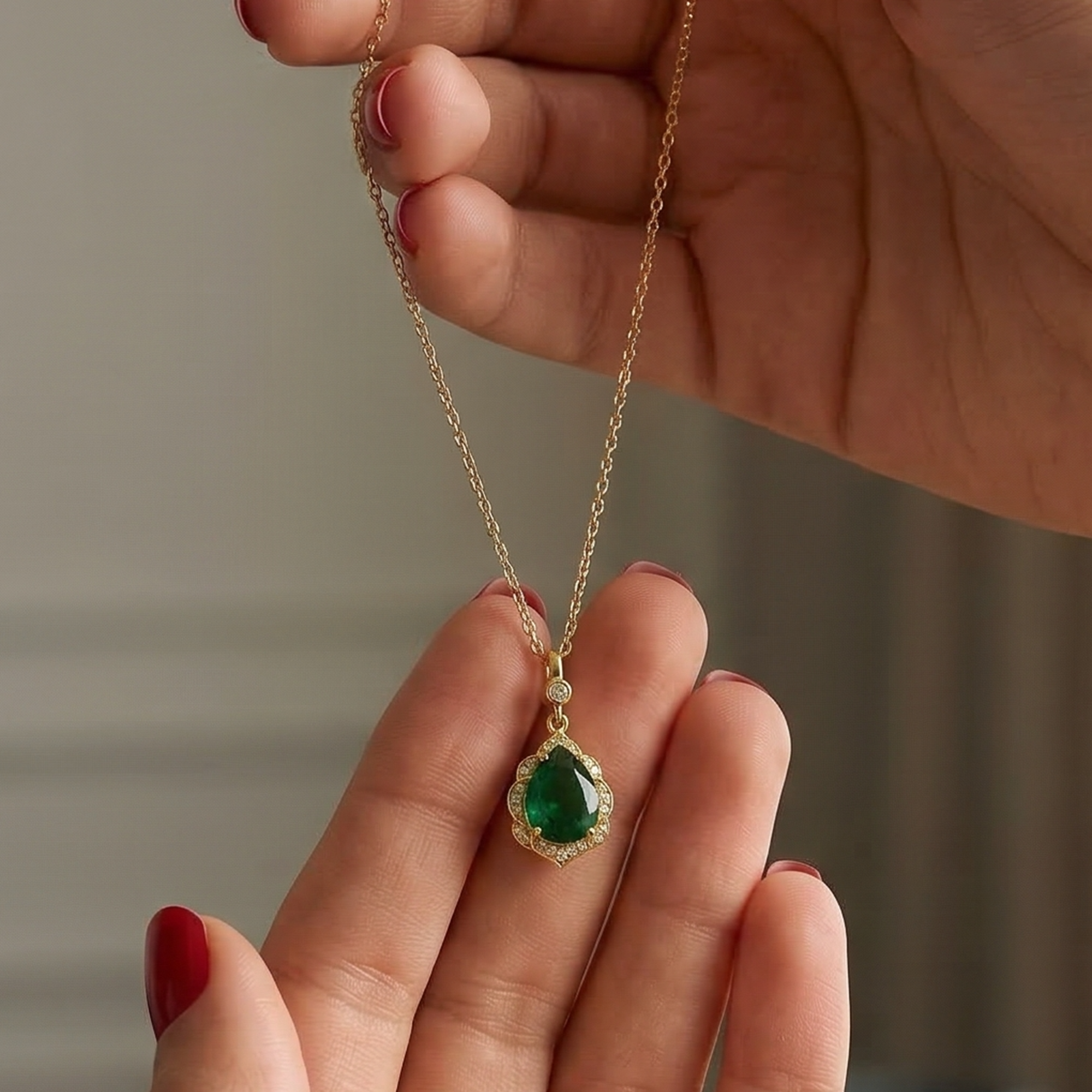 925 Silver Teardrop Necklace with a Green Stone Surrounded by Sparkling Stones – Gold Plated