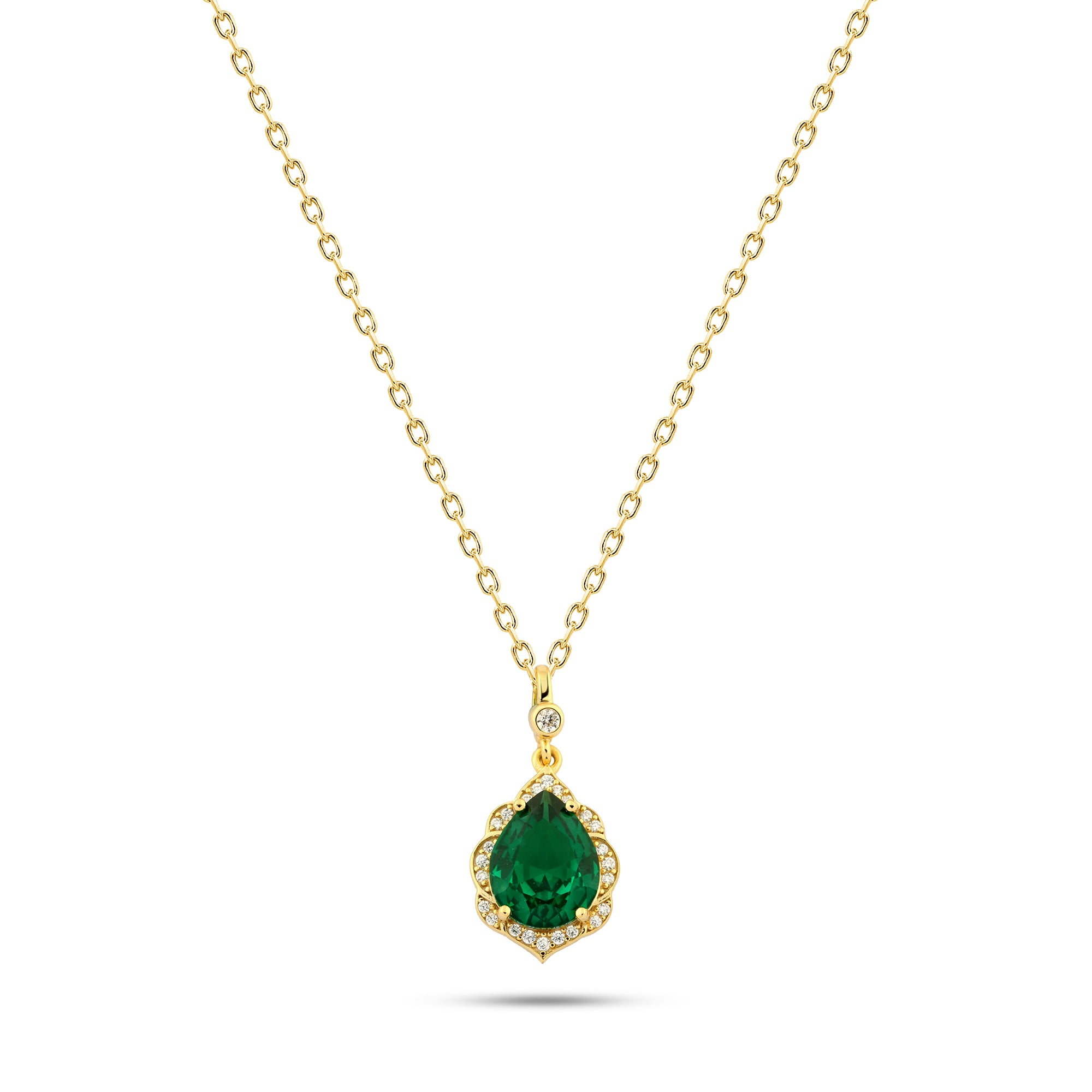 925 Silver Teardrop Necklace with a Green Stone Surrounded by Sparkling Stones – Gold Plated
