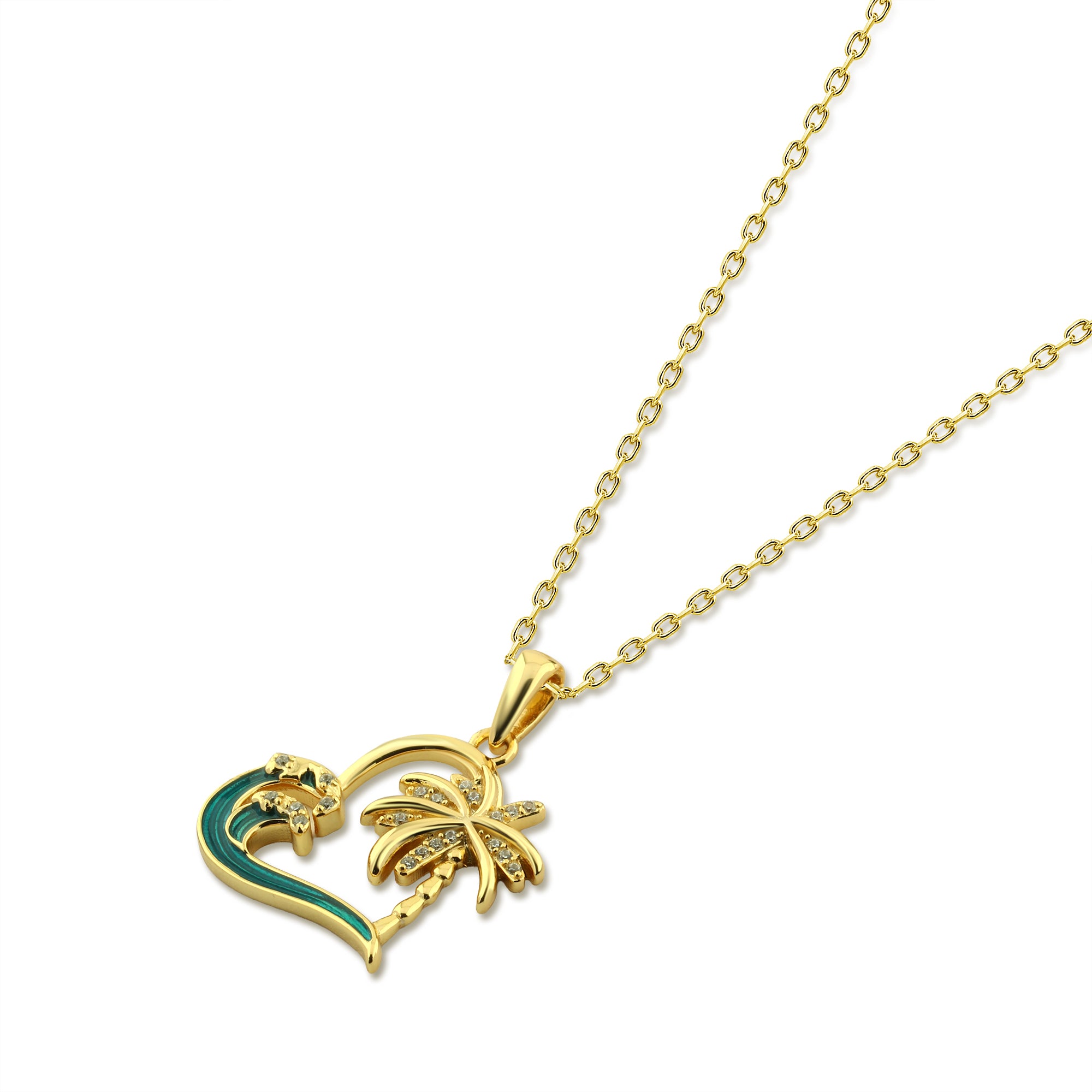 عقد قلب بتصميم نخلة وموجة بحر فضة عيار 925 مطلي ذهب