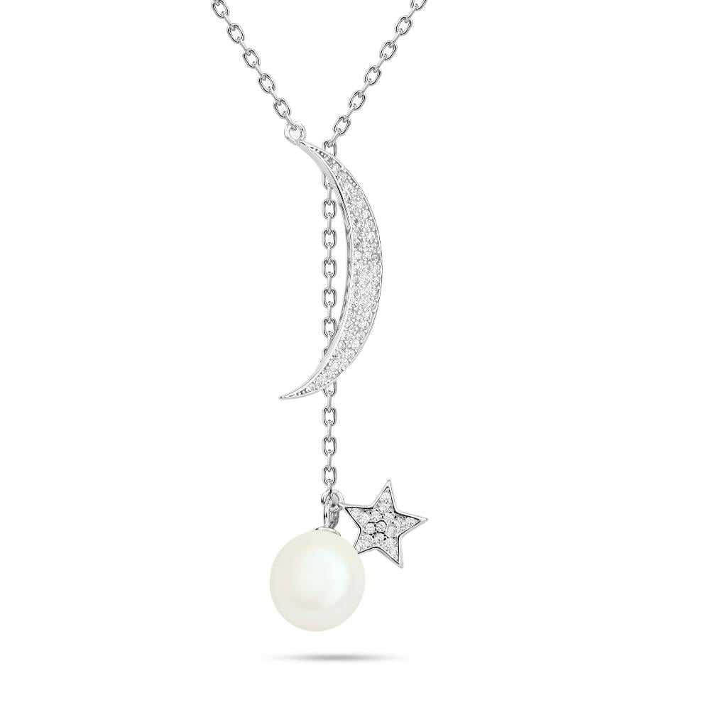SPN015 - 925 Sterling Silver Crescent Moon and Star Necklace with Zircon Stones