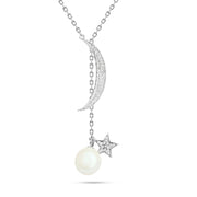 SPN015 - 925 Sterling Silver Crescent Moon and Star Necklace with Zircon Stones