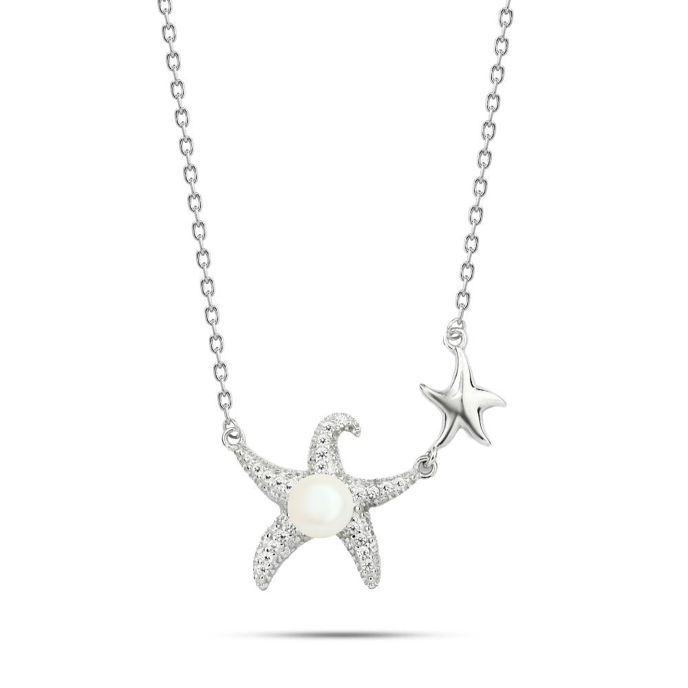 SPN023 - 925 Sterling Silver Necklace with Zircon and Oval Pearl Stones