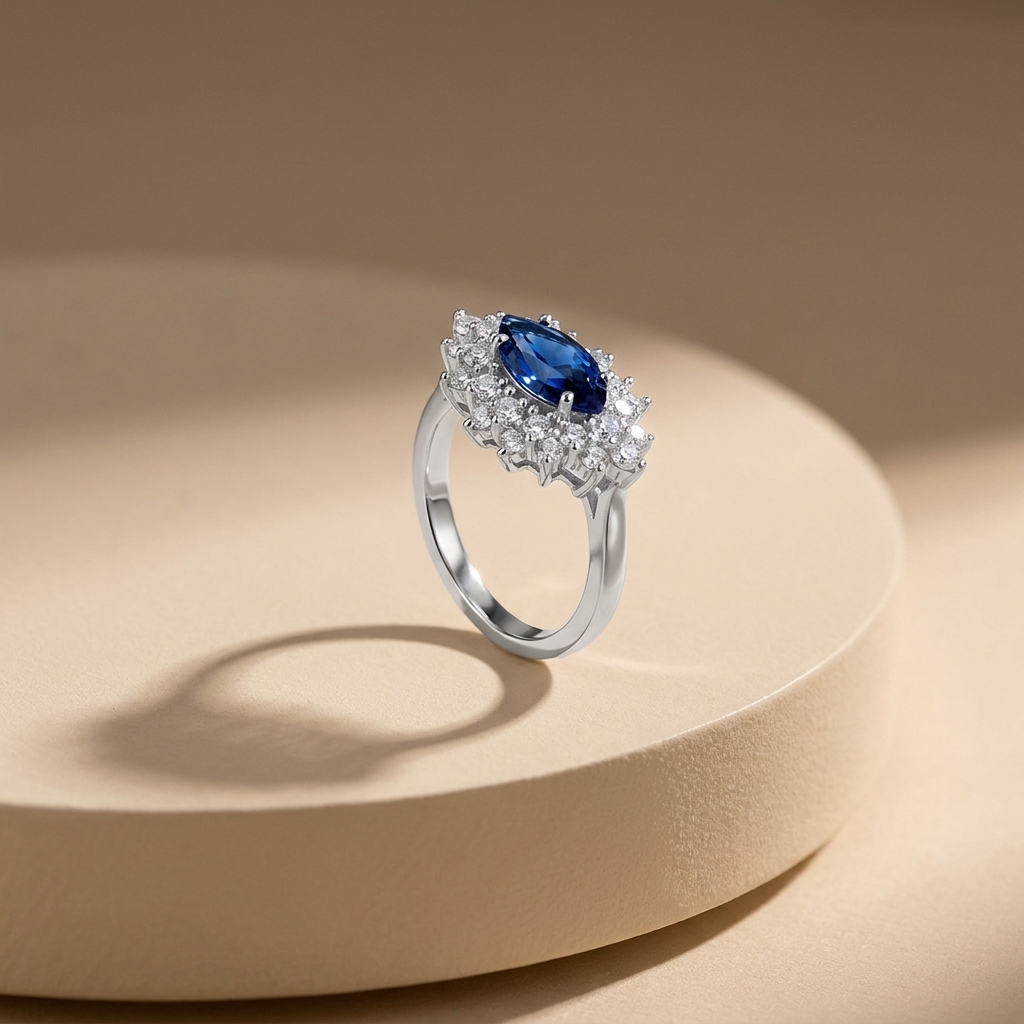 Luxury Women’s 925 Silver Ring with Royal Blue Oval Stone Surrounded by Sparkling Stones