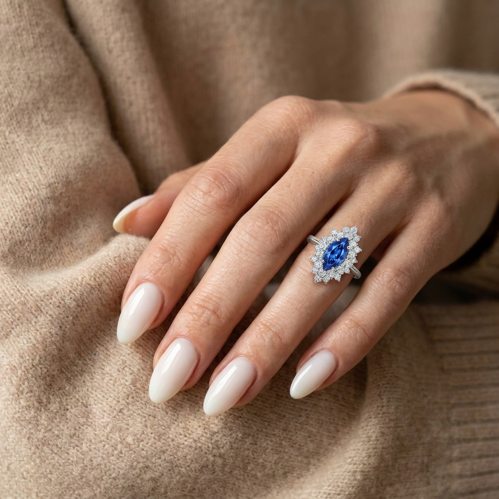 Luxury Women’s 925 Silver Ring with Royal Blue Oval Stone Surrounded by Sparkling Stones