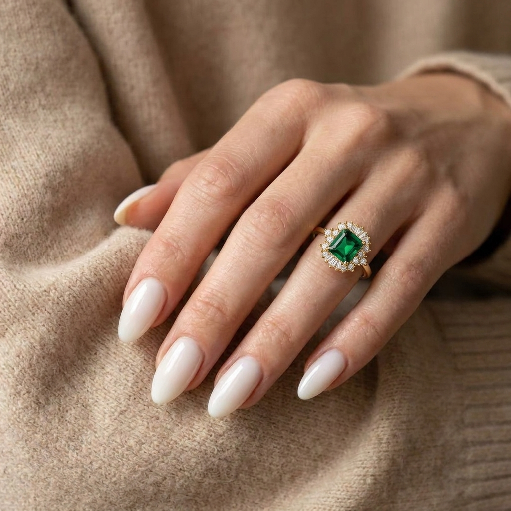 Luxury Gold-Plated Women’s Ring with Square Green Stone and Sparkling Encrusted Details