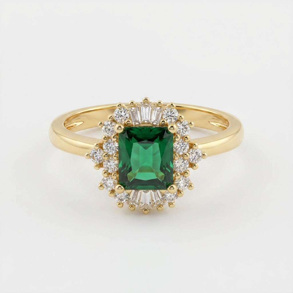 Luxury Gold-Plated Women’s Ring with Square Green Stone and Sparkling Encrusted Details