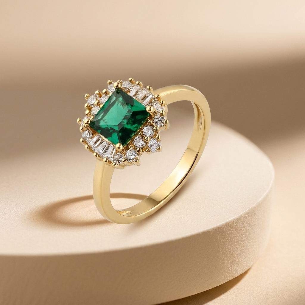 Luxury Gold-Plated Women’s Ring with Square Green Stone and Sparkling Encrusted Details