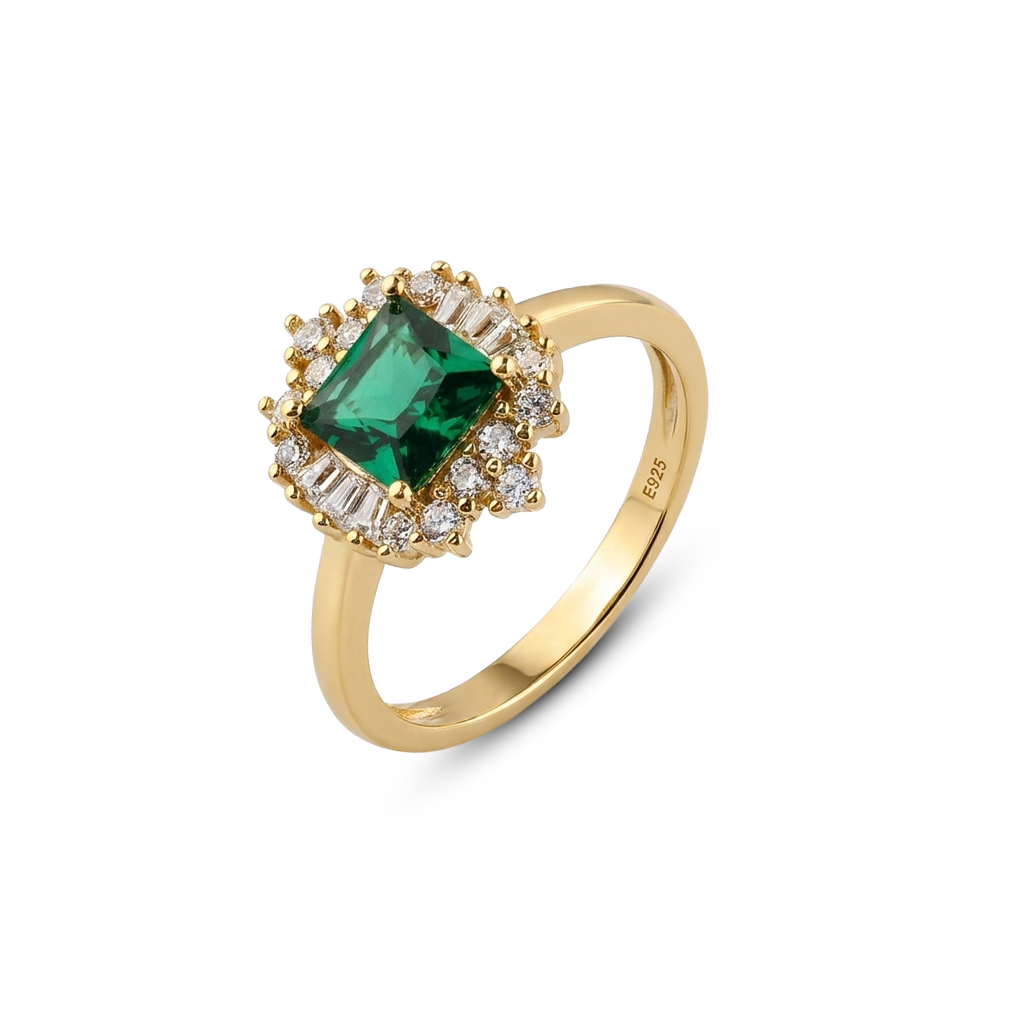 Luxury Gold-Plated Women’s Ring with Square Green Stone and Sparkling Encrusted Details