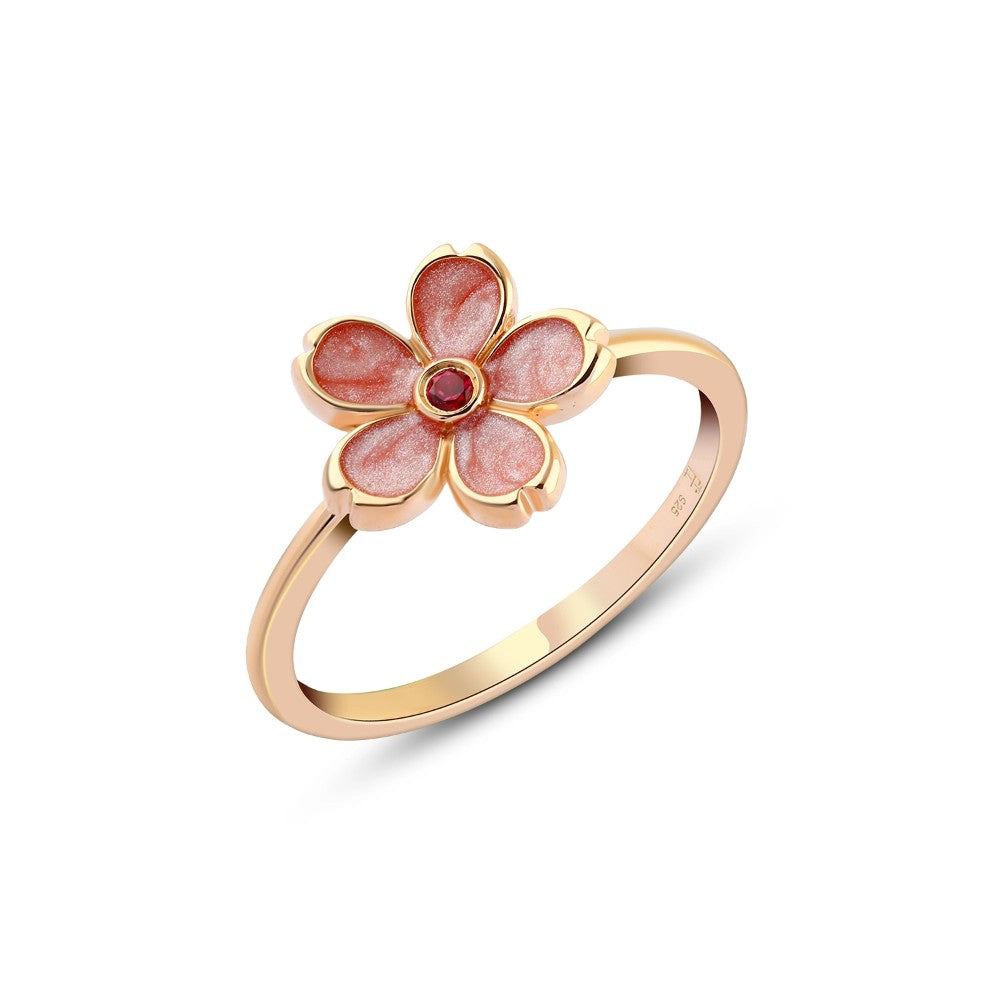 Dew Blossom Ring – 925 Sterling Silver with Pink Shell Inlay and Pinkish Red Center Stone

