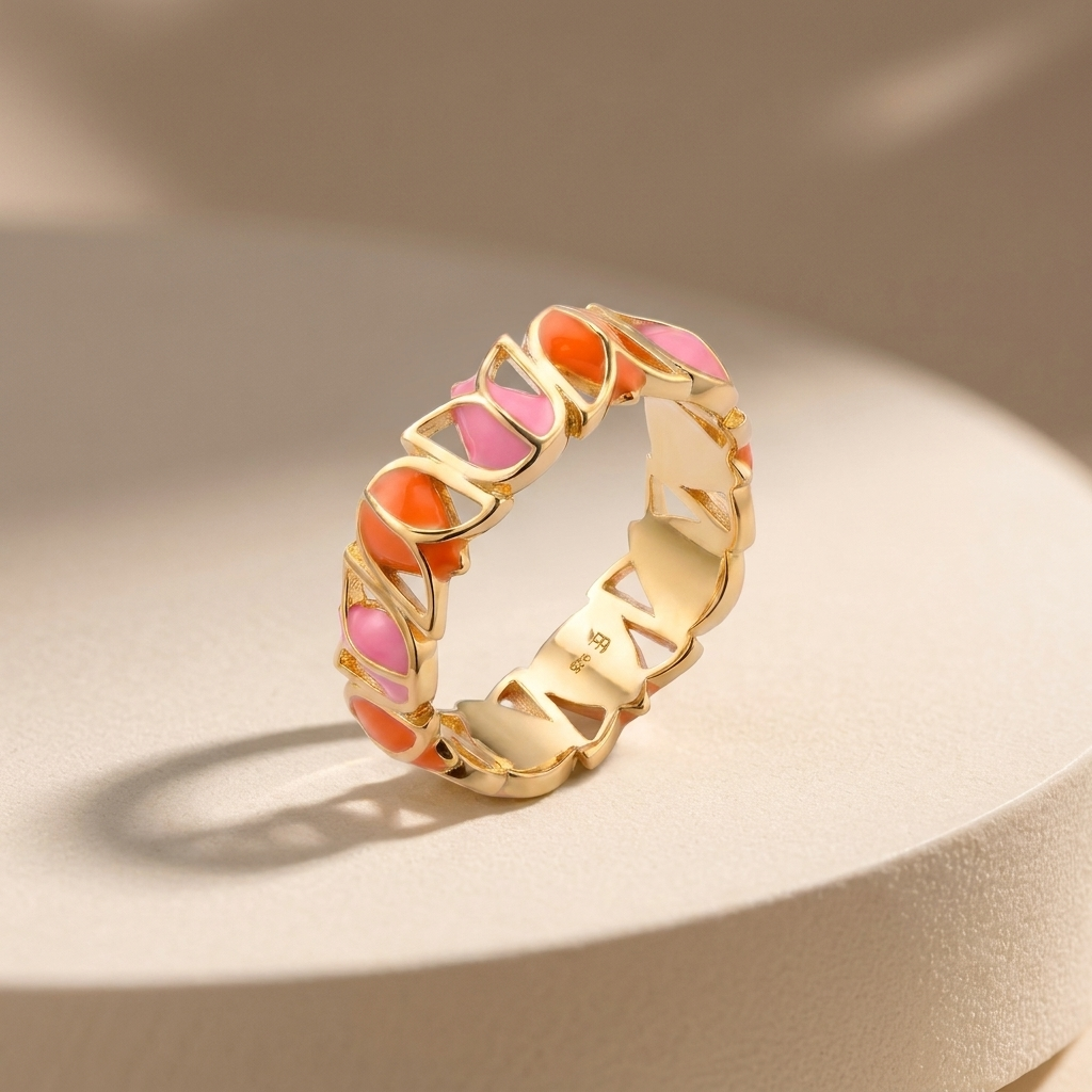 Gold-Plated Women’s Ring with a Modern Pink and Orange Color Design