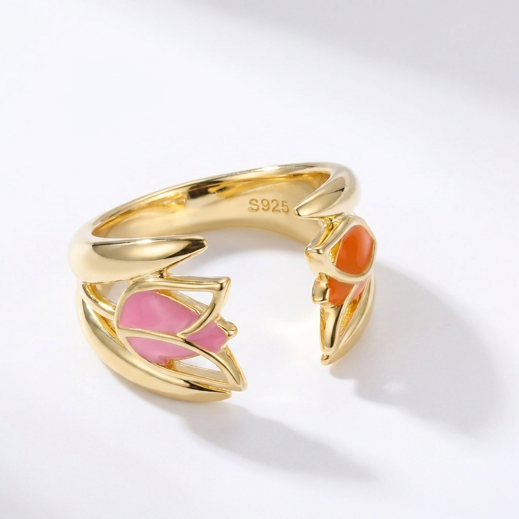 Gold-Plated Women’s Ring with Red Tulip Flower Design and Soft Pink Details