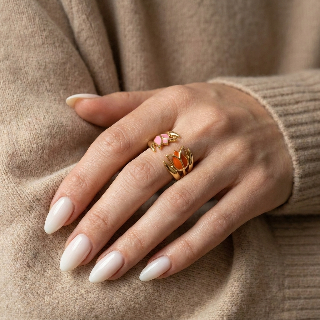 Gold-Plated Women’s Ring with Red Tulip Flower Design and Soft Pink Details