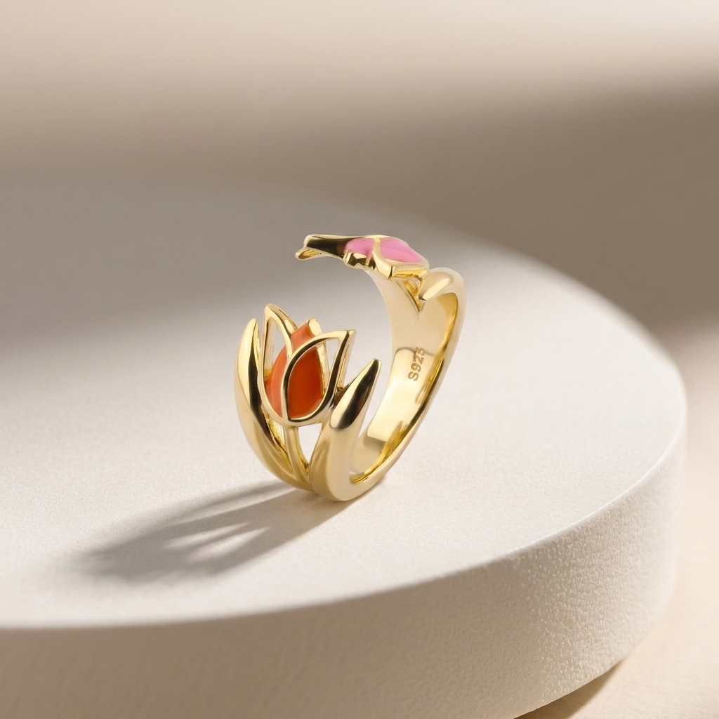 Gold-Plated Women’s Ring with Red Tulip Flower Design and Soft Pink Details