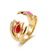 Gold-Plated Women’s Ring with Red Tulip Flower Design and Soft Pink Details
