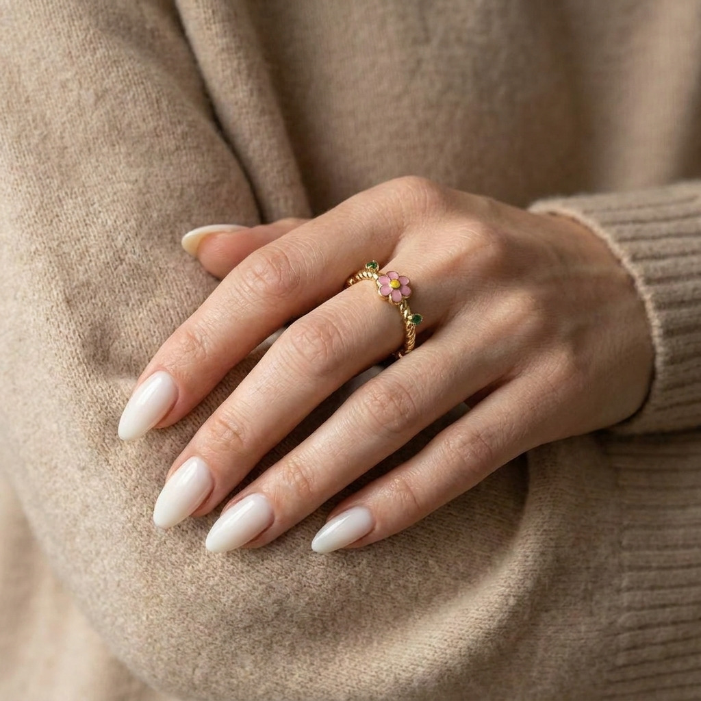 Gold-Plated Women’s Ring with Small Pink Flower Design and Playful Green Details