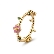 Gold-Plated Women’s Ring with Small Pink Flower Design and Playful Green Details