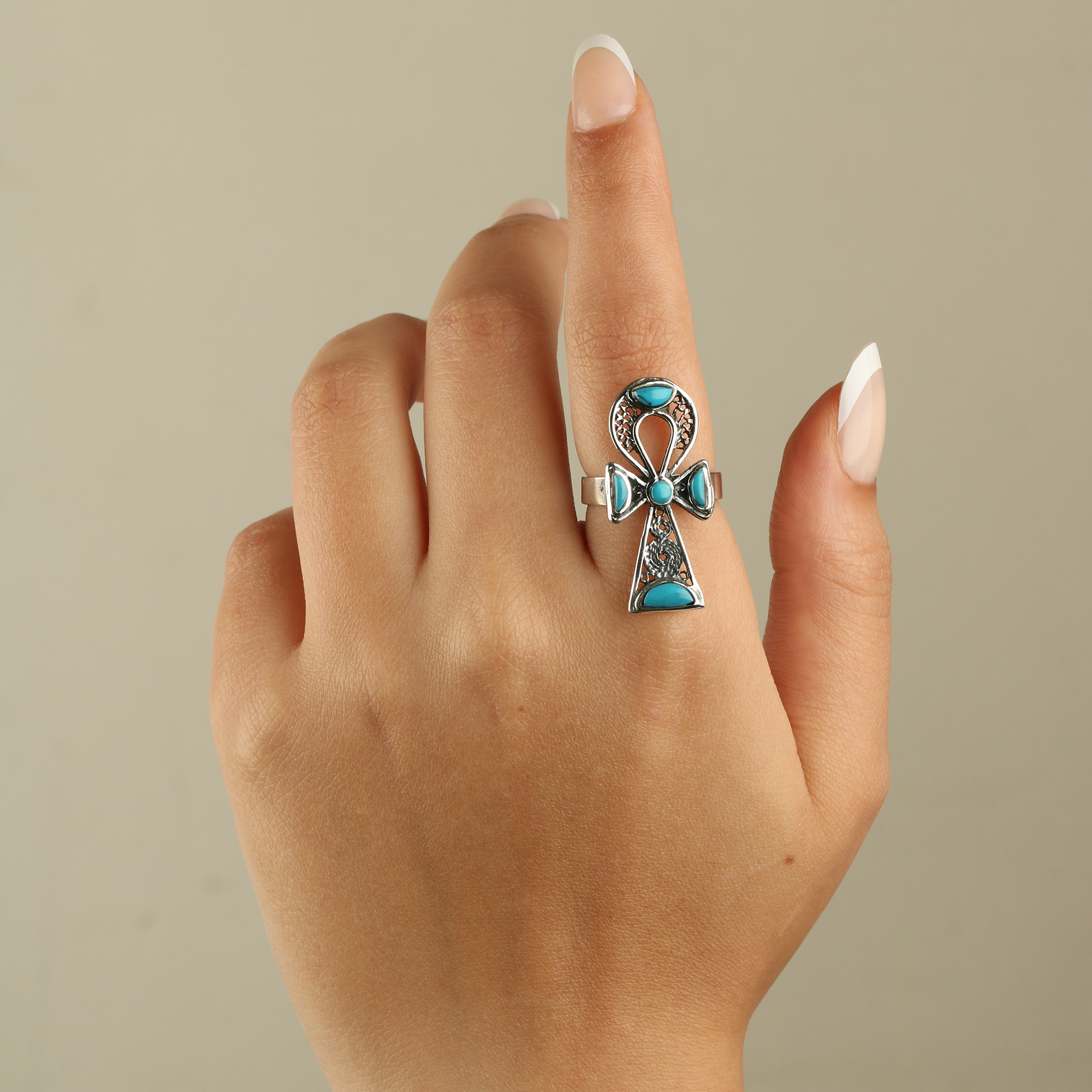 Ankh Ring – 925 Silver with Turquoise Stone