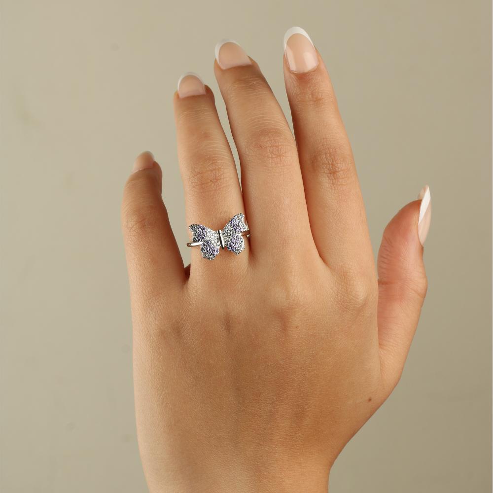 خاتم فضة عيار 925 على شكل فراشة ملونه