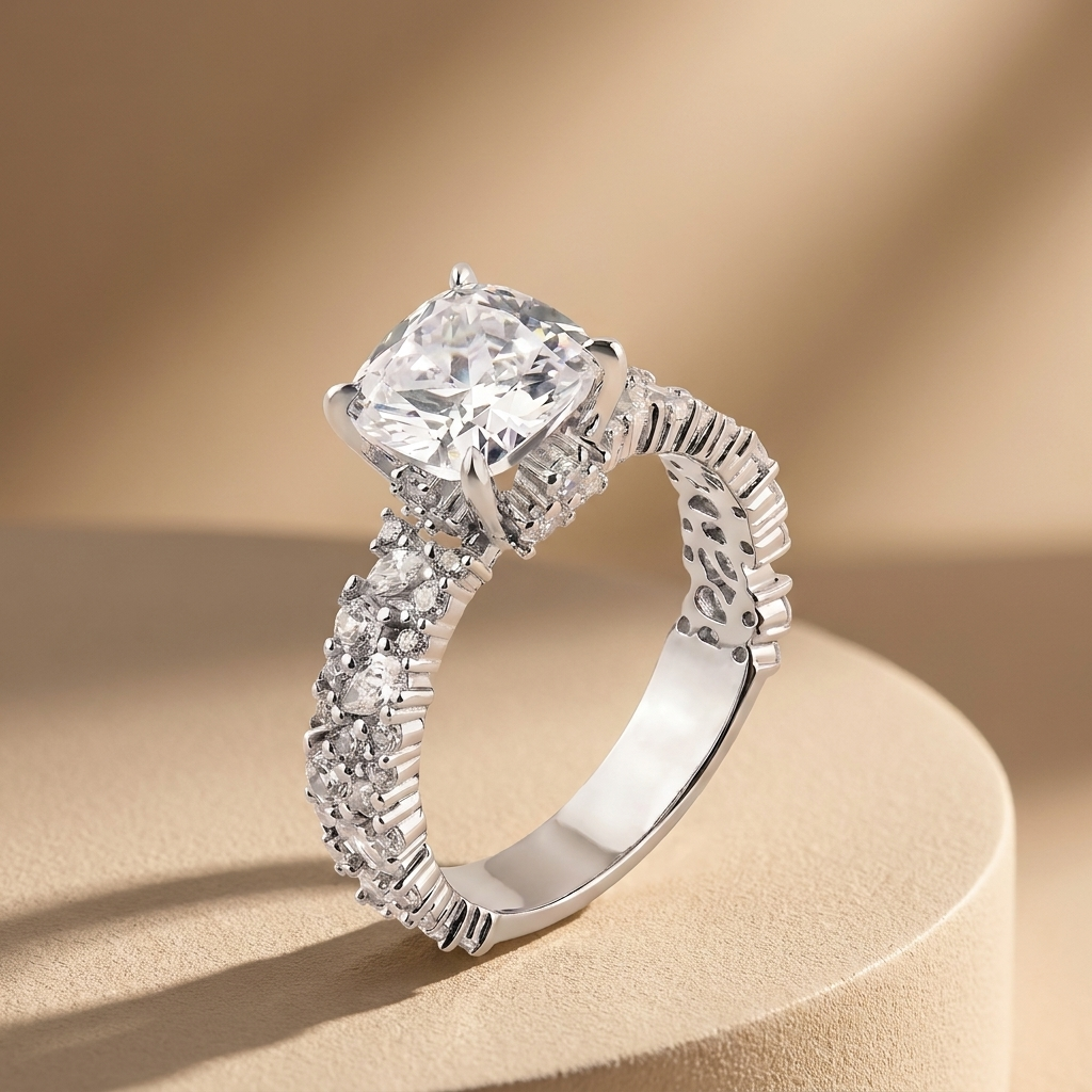 925 Silver Women’s Ring with a Large Square Stone and Sparkling Side Stones in a Luxury Design