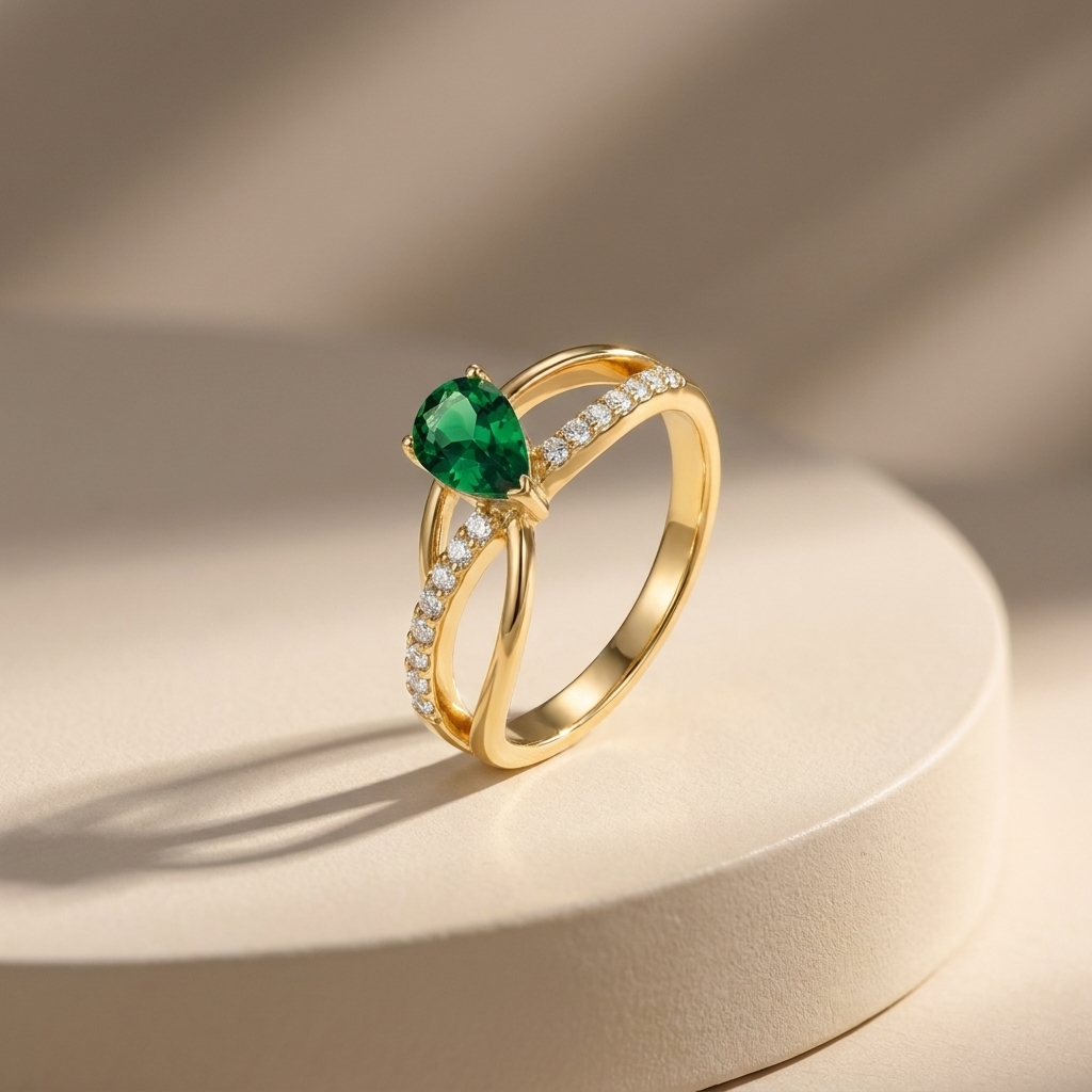 Gold-Plated Women’s Ring with an Oval Green Stone and Intertwined Design Encrusted with Sparkling Stones